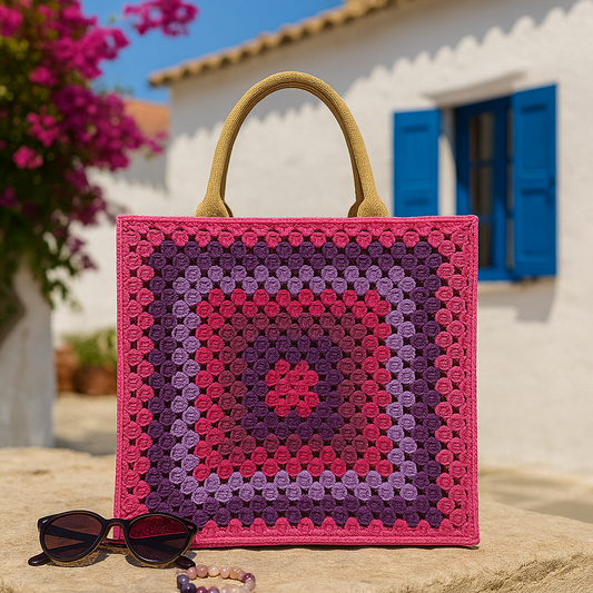 💜 Τσάντα "Berry Bloom" – Χειροποίητη Πλεκτή Tote σε Μωβ & Φούξια Τόνους