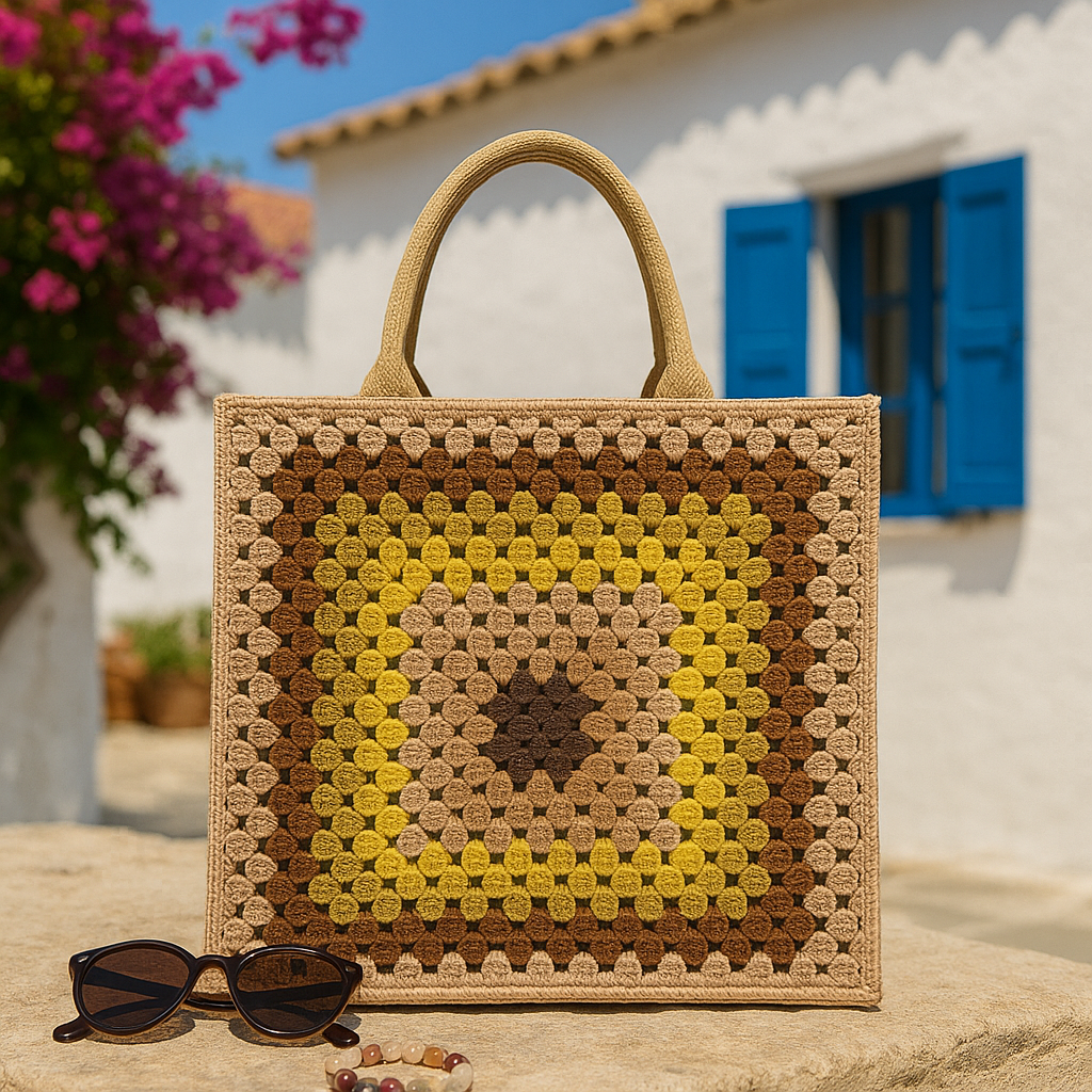 🌾 Τσάντα "Golden Sand" – Χειροποίητη Πλεκτή Tote σε Γήινες & Χρυσές Αποχρώσεις