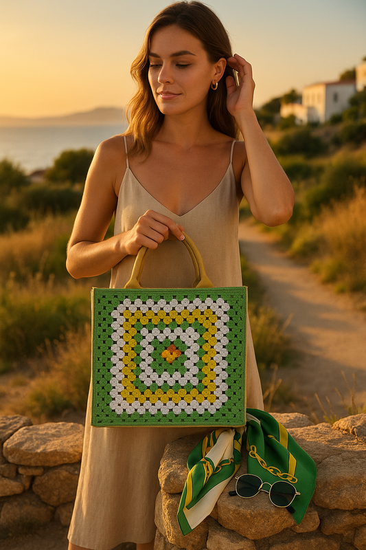 🌅 Τσάντα "Olive Sunset" – Χειροποίητη Πλεκτή Tote με Καλοκαιρινό Χρώμα